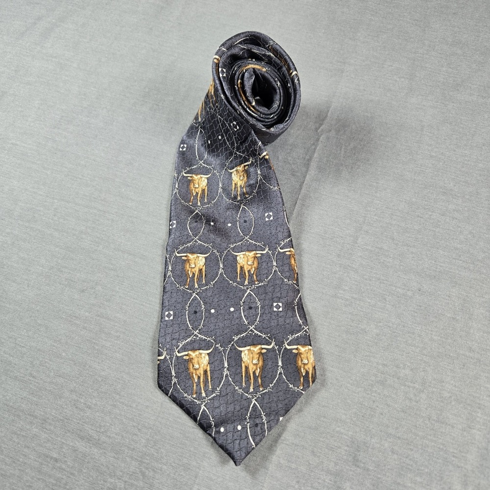 Resistol Western Silk Tie Gray Longhorn Steer Bull Barbed Wire Cowboy Rodeo